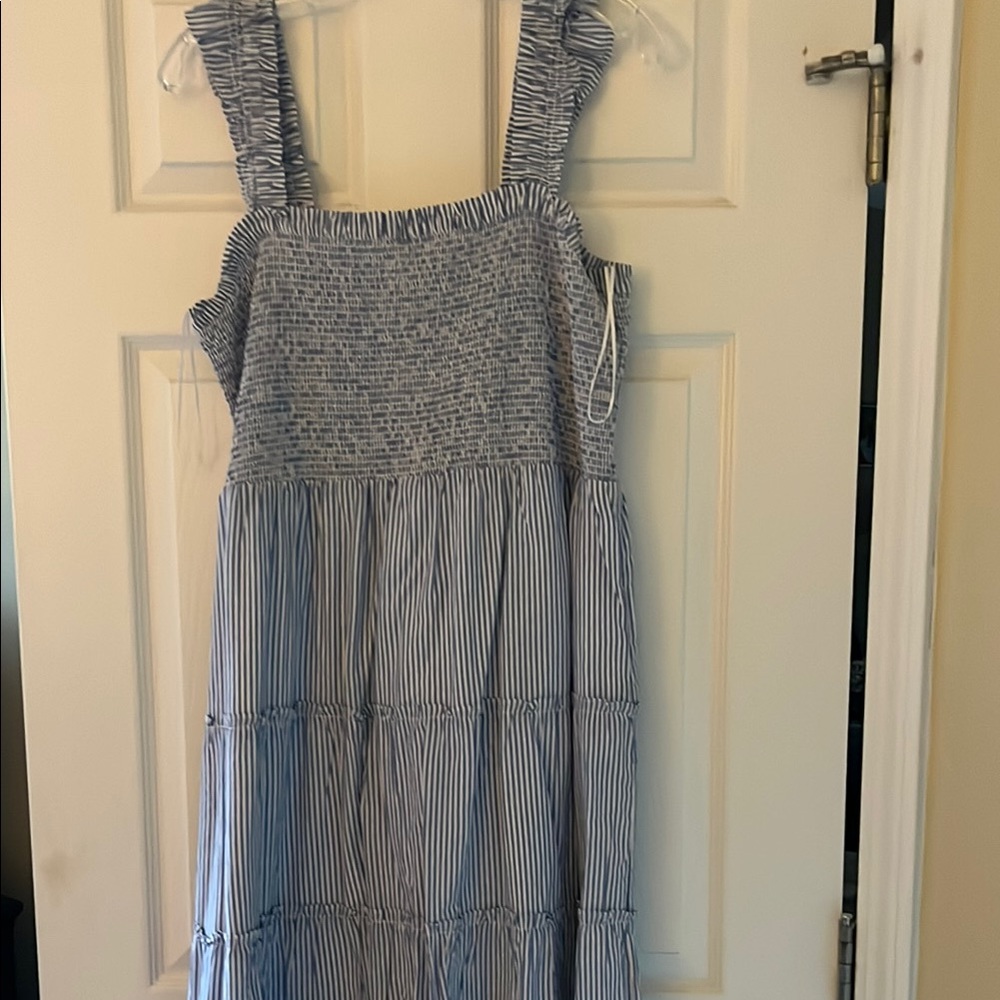 J. Crew Factory Blue and White Striped Smocked Midi Dress